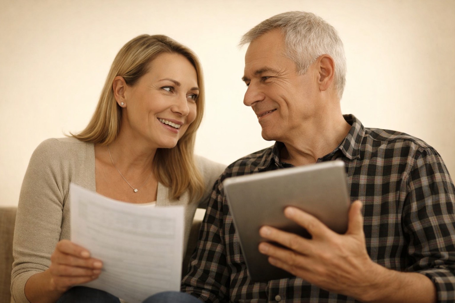 A mature couple reviewing their plan together — confident, informed, in conversation