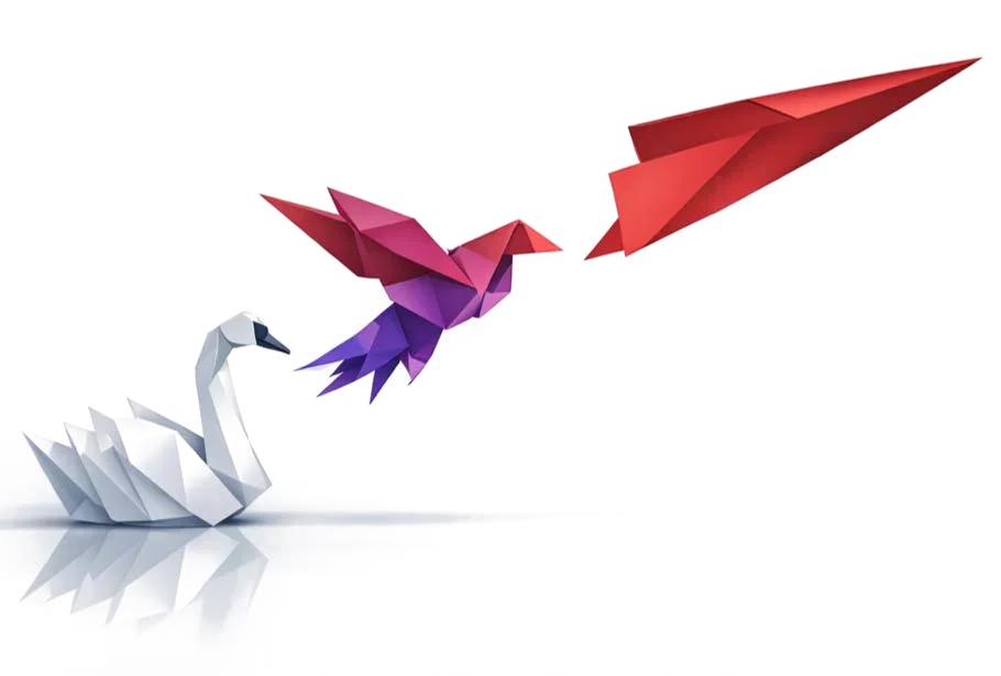 Origami swan transforming into a paper plane — a metaphor for disciplined growth