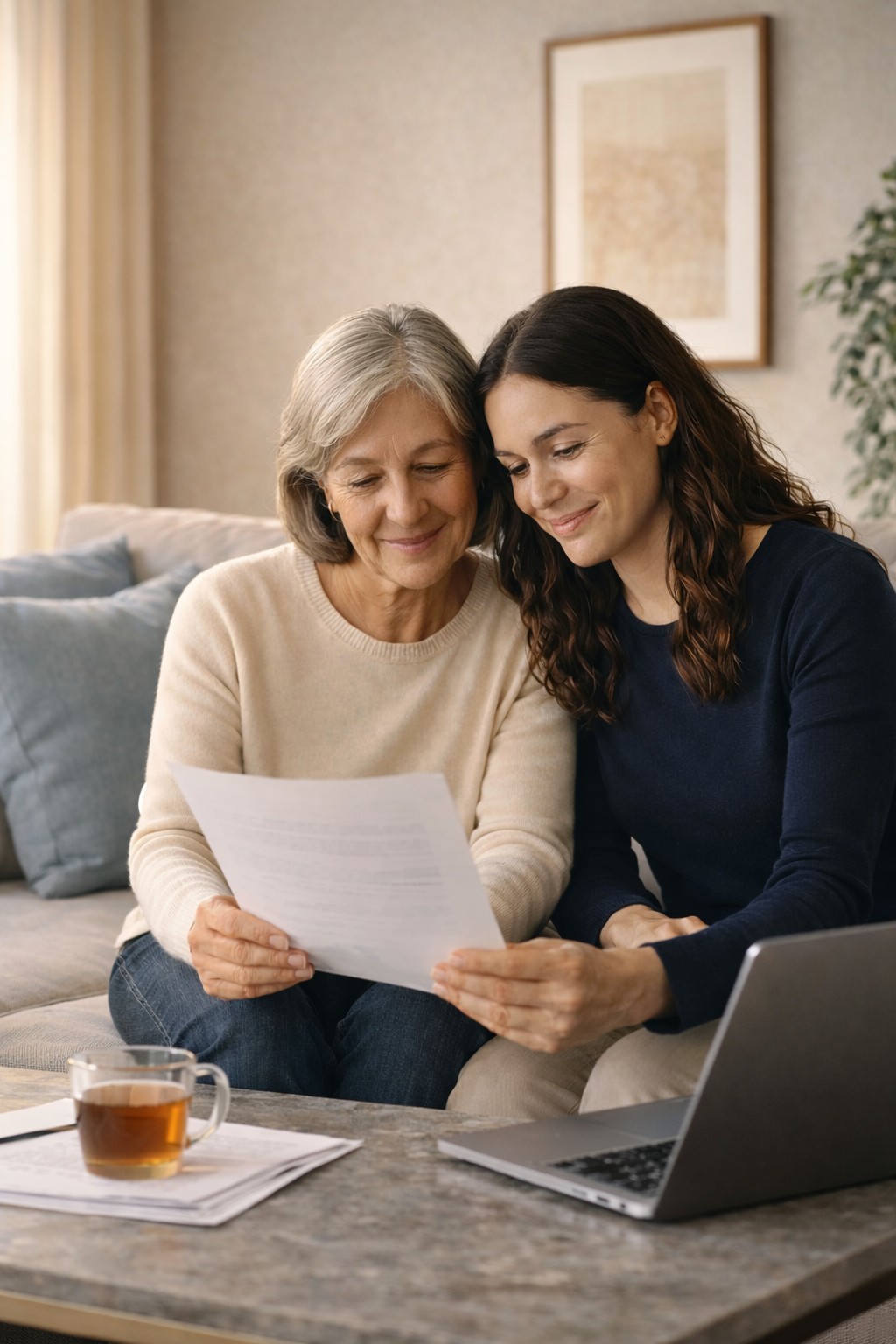 A mother and daughter reviewing finances together